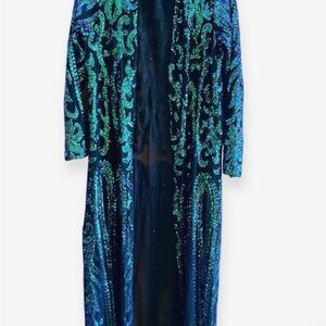 Sequin Embellished Longline Duster in Teal Blue